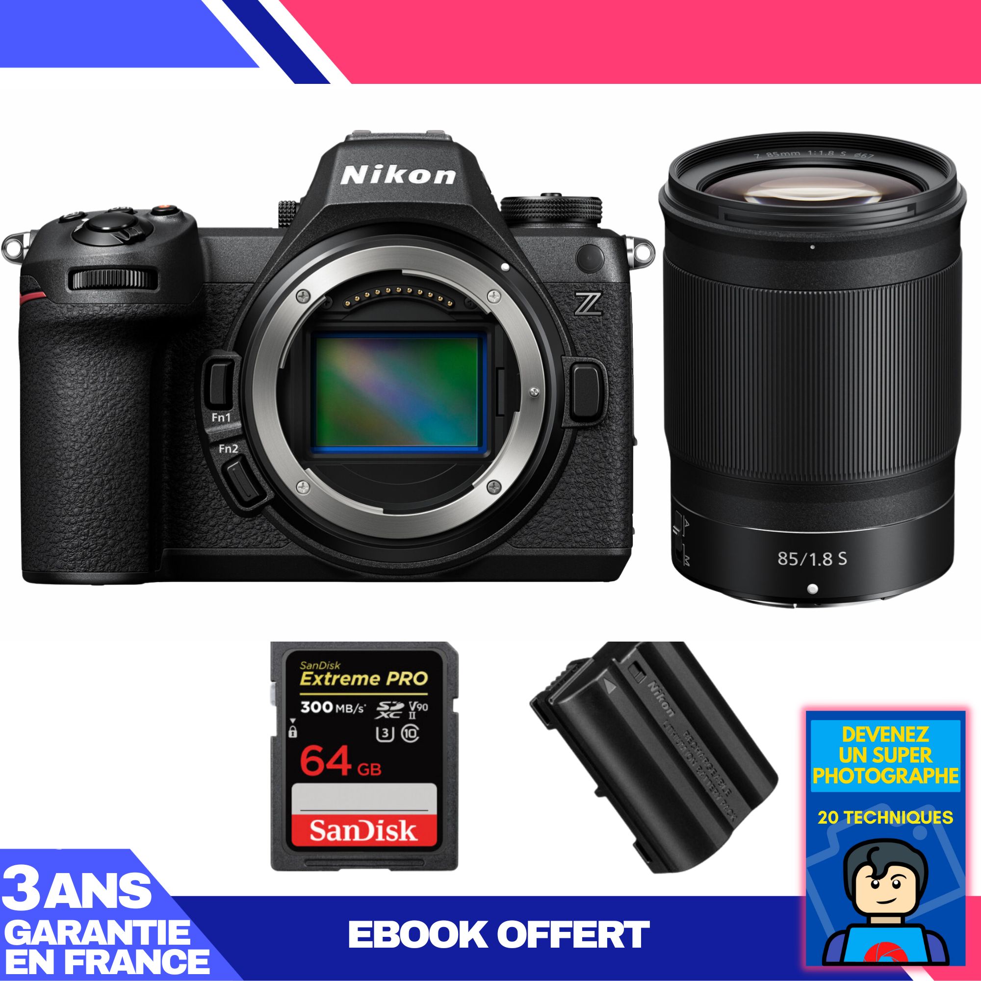 Kit Nikon Z6 III avec objectif Z 85mm f/1.8 S et carte Sandisk 64Go Extreme PRO UHS-II SD + batterie et ebook
