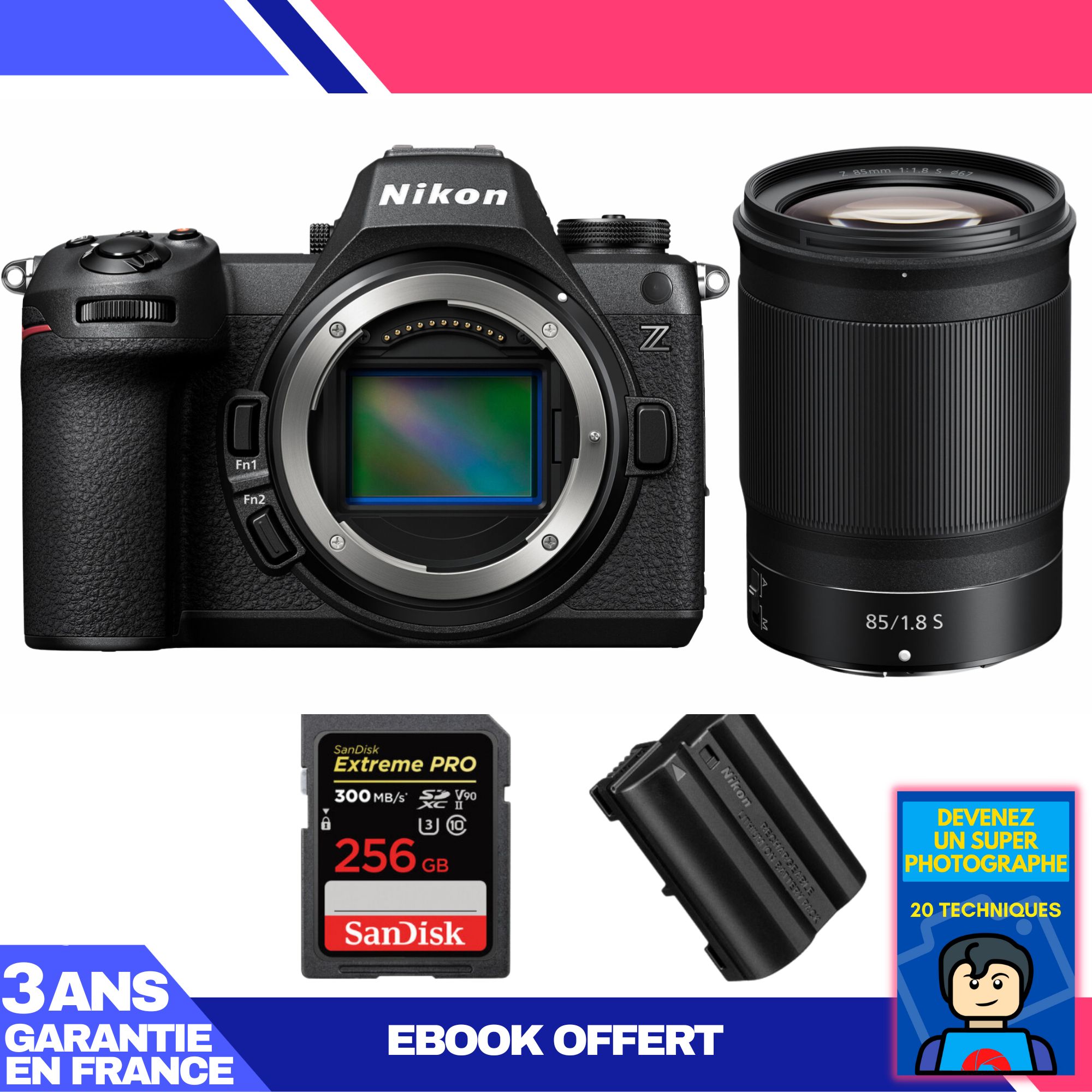Nikon Z6 III + Objectif Nikkor Z 85mm f/1.8 S + Carte SD 256Go SanDisk Extreme PRO UHS-II + Batterie EN-EL15c + Livre électronique 'Devenez un Super Photographe'