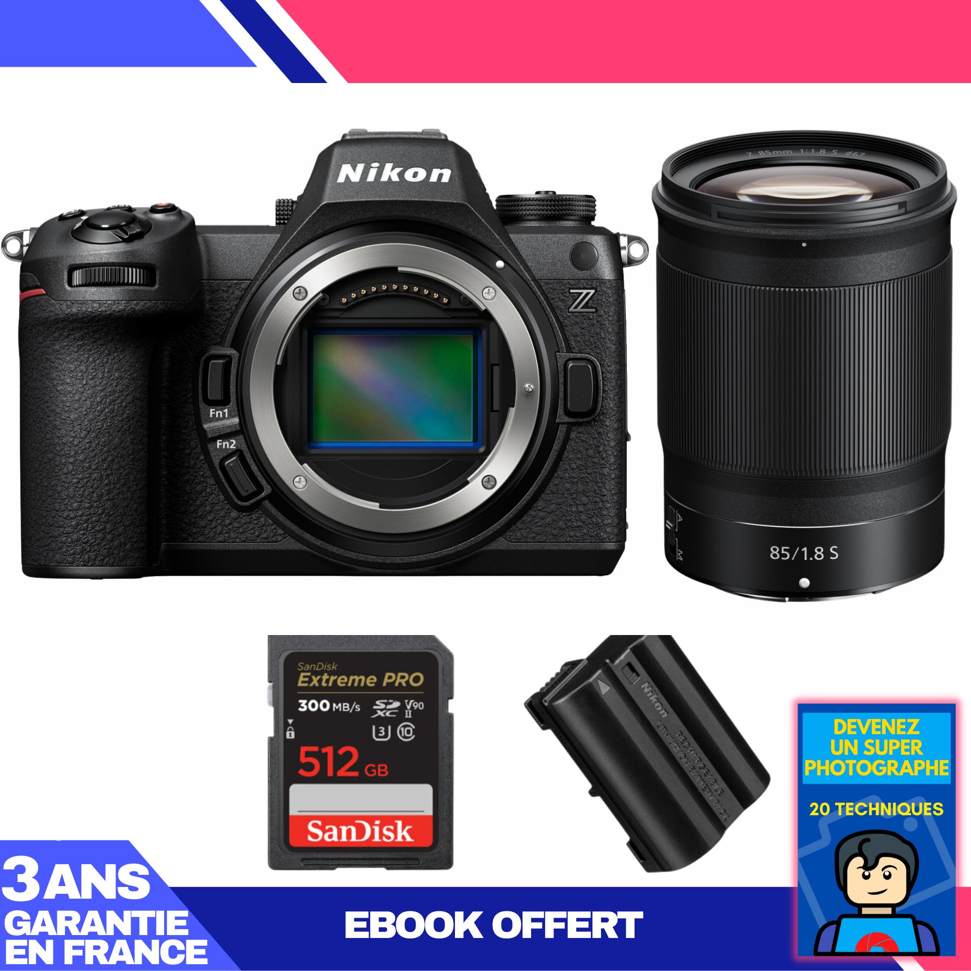 Kit Nikon Z6 III avec objectif Z 85mm f/1.8 S et carte SD 512 Go SanDisk Extreme PRO + batterie et ebook