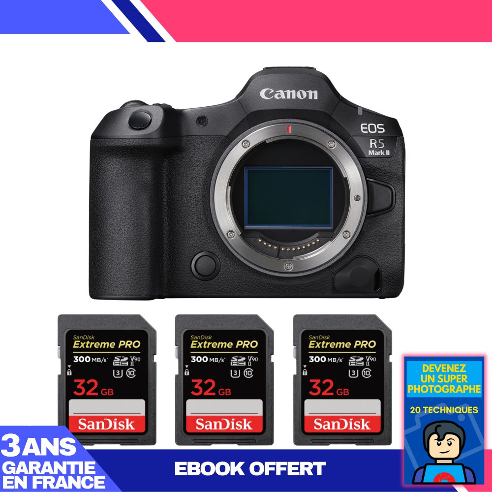 Canon EOS R5 Mark II Camera + 3 SanDisk 32GB Extreme PRO UHS-II SDXC Cards + 'Become a Super Photographer' Ebook