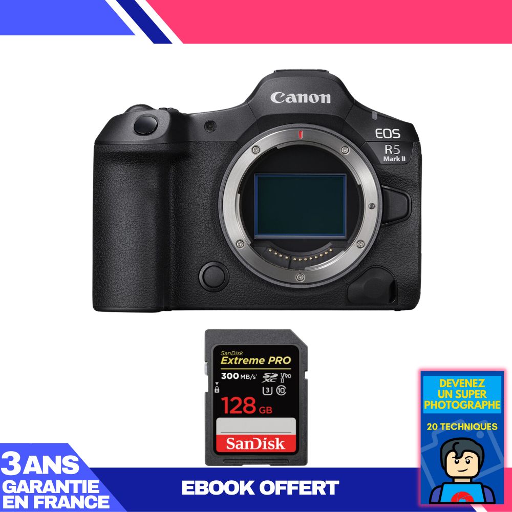 Canon EOS R5 Mark II Camera + 1 SanDisk 128GB Extreme PRO UHS-II SDXC Card + Ebook 'Become a Super Photographer'