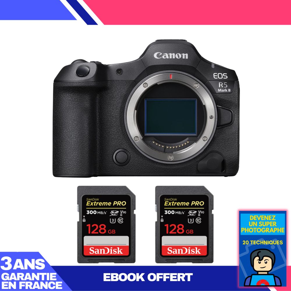 Canon EOS R5 Mark II Camera + 2 SanDisk 128GB Extreme PRO UHS-II SDXC Cards + 'Become a Super Photographer' Ebook