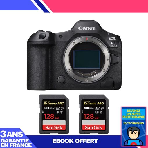 Cámara Canon EOS R5 Mark II + 2 tarjetas SanDisk de 128 GB Extreme PRO UHS-II SDXC + ebook 'Conviértete en un fotógrafo súper'