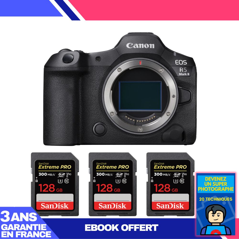 Canon EOS R5 Mark II Camera + 3 SanDisk 128GB Extreme PRO UHS-II SDXC Memory Cards + 'Become a Super Photographer' Ebook