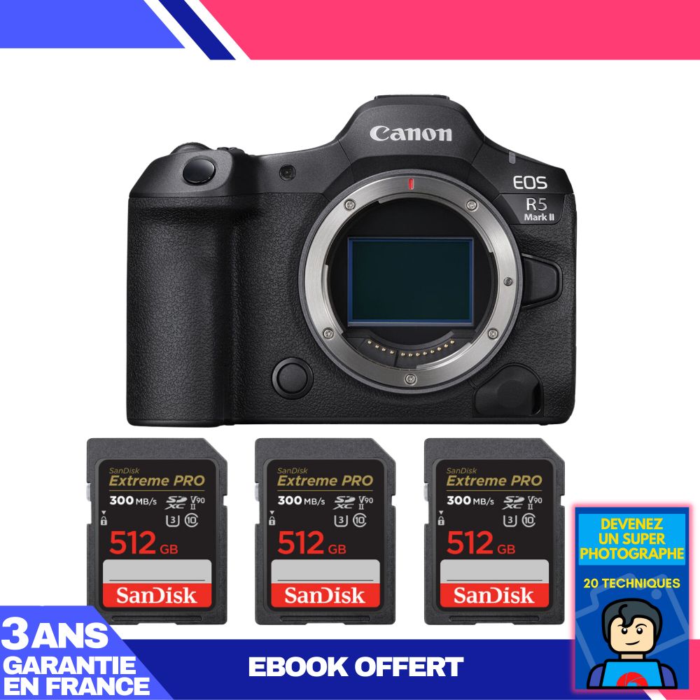 Canon EOS R5 Mark II Body + 3 SanDisk 512GB Extreme PRO UHS-II SDXC Cards + Ebook: Become a Super Photographer