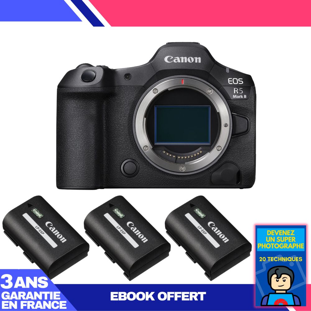 Cámara Canon EOS R5 Mark II + 3 baterías LP-E6P + ebook: Conviértete en un fotógrafo súper
