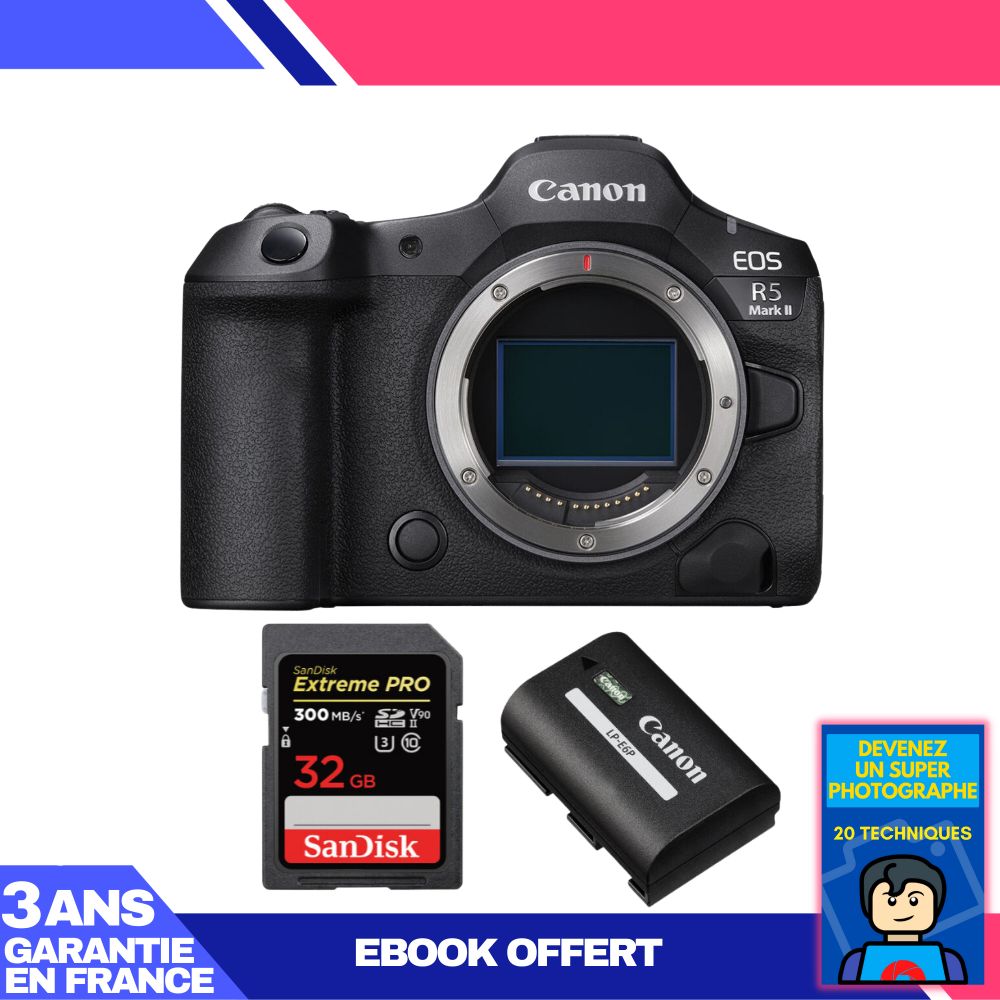 Canon EOS R5 Mark II Camera + 1 SanDisk 32GB Extreme PRO UHS-II SDXC Card + 1 Canon LP-E6P Battery + Ebook 'Become a Super Photographer'