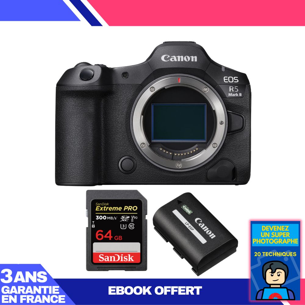 Canon EOS R5 Mark II Camera + 1 SanDisk 64GB Extreme PRO UHS-II SDXC Card + 1 Canon LP-E6P Battery + Ebook 'Become a Super Photographer'