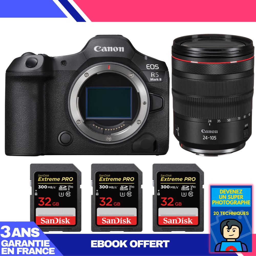 Kit Canon EOS R5 Mark II avec objectif RF 24-105mm f/4 L IS USM + 3 cartes SDXC SanDisk 32 Go Extreme PRO UHS-II