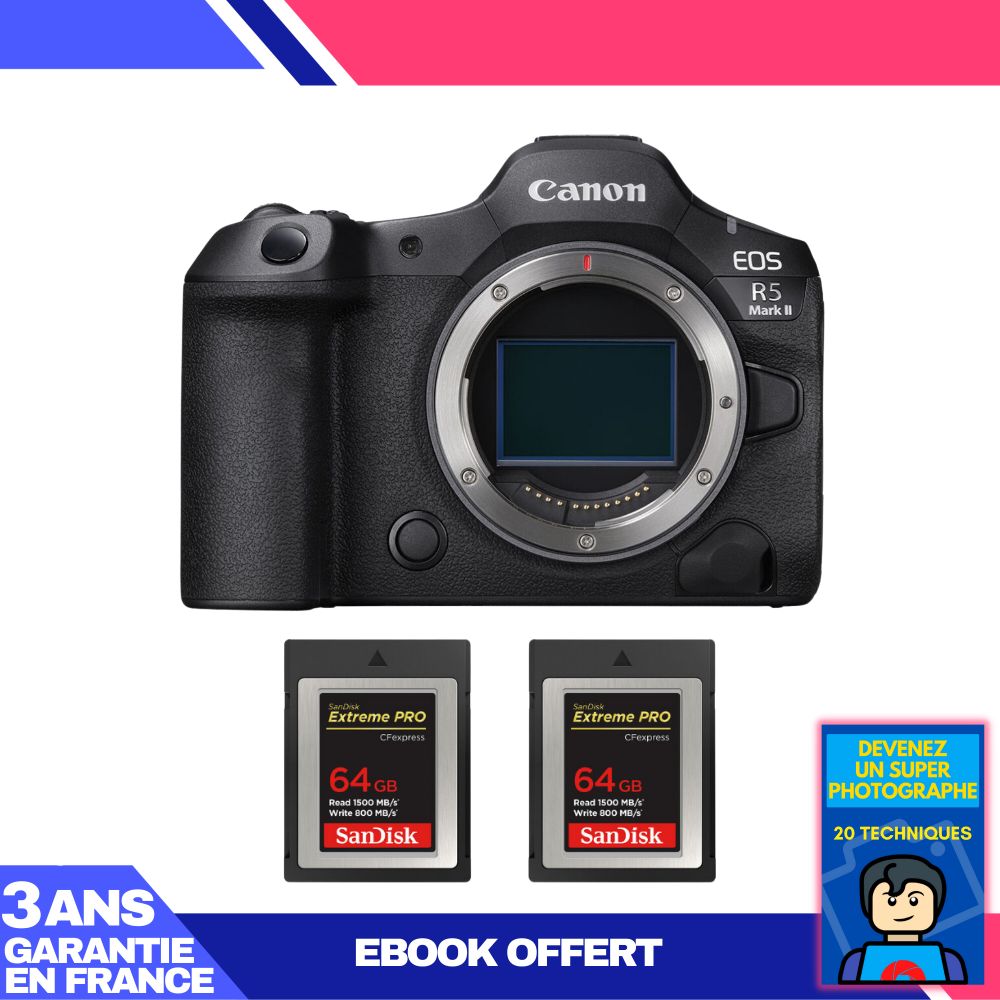 Canon EOS R5 Mark II Camera + 2 SanDisk 64GB Extreme PRO CFexpress Type B Cards + 'Become a Super Photographer' Ebook