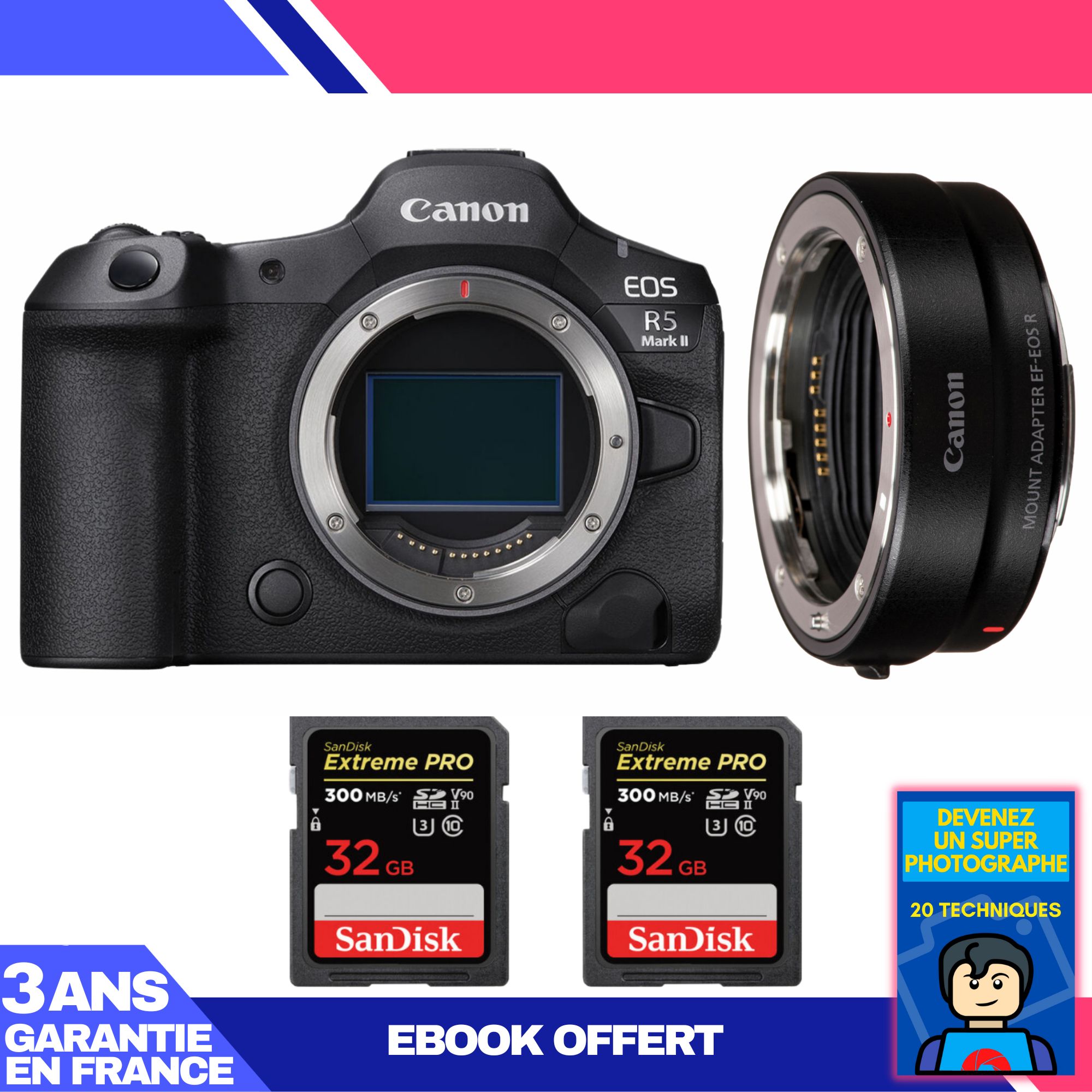 Canon EOS R5 Mark II Camera Body + EF-EOS R Adapter + 2 SanDisk 32GB Extreme PRO UHS-II SDXC Cards (300MB/s) + 'Become a Super Photographer' Ebook