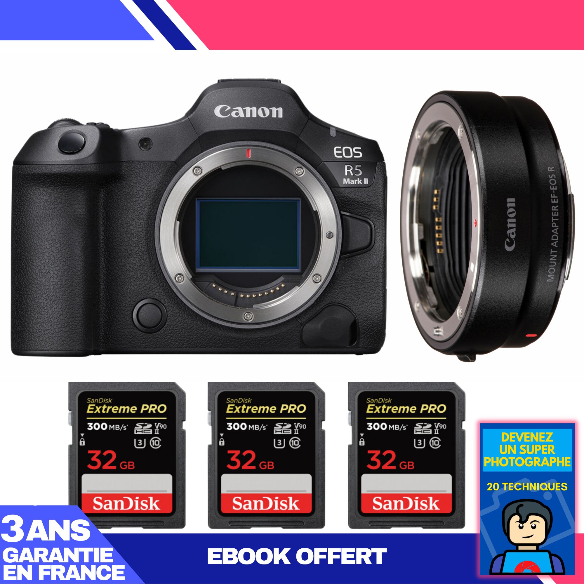 Boîtier Canon EOS R5 Mark II + Adaptateur EF-EOS R + 3 Cartes SD SanDisk 32Go Extreme PRO UHS-II (300Mo/s) + Ebook : Devenez un photographe exceptionnel