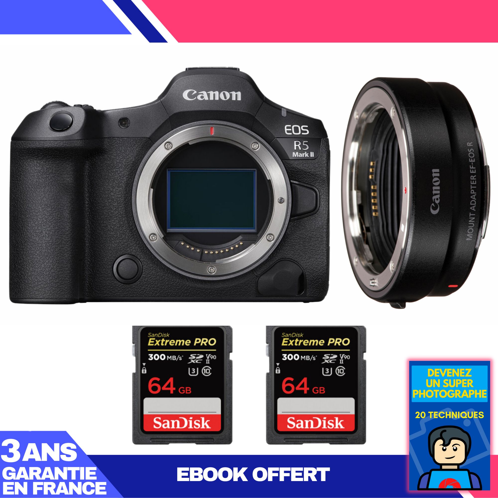 Canon EOS R5 Mark II Camera Body + EF-EOS R Adapter + 2 SanDisk 64GB Extreme PRO UHS-II SD Cards