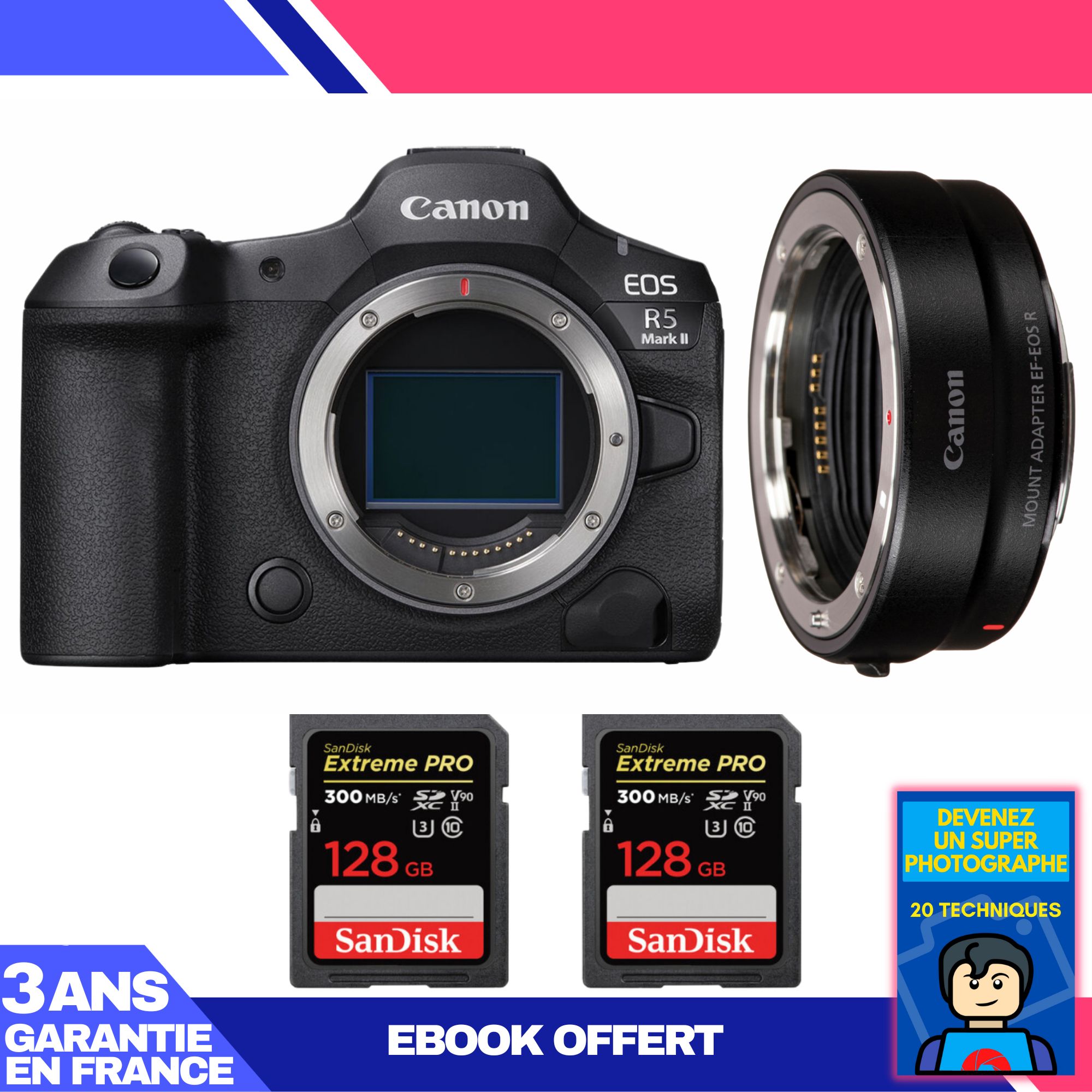 Canon EOS R5 Mark II Camera Body + EF-EOS R Adapter + 2 SanDisk 128GB Extreme PRO UHS-II SDXC Cards