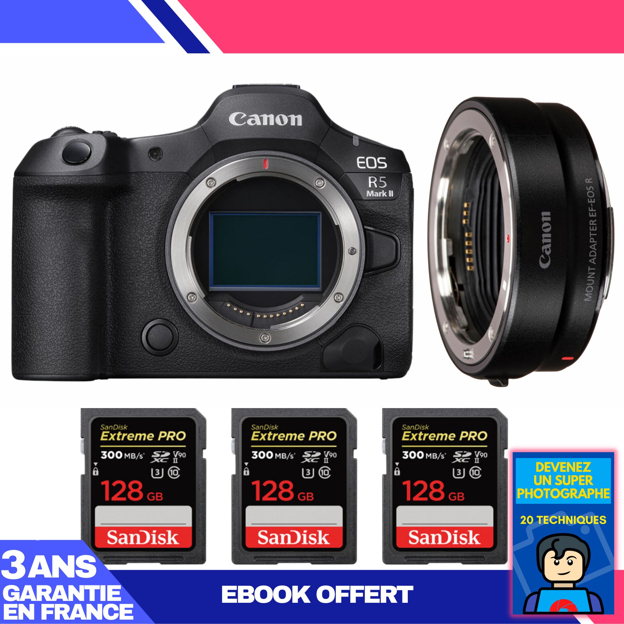 Boîtier Canon EOS R5 Mark II + Adaptateur EF-EOS R + 3 Cartes Sandisk 128 Go Extreme PRO UHS-II SDXC (300 Mo/s) + Ebook : Devenez un Photographe Suprême