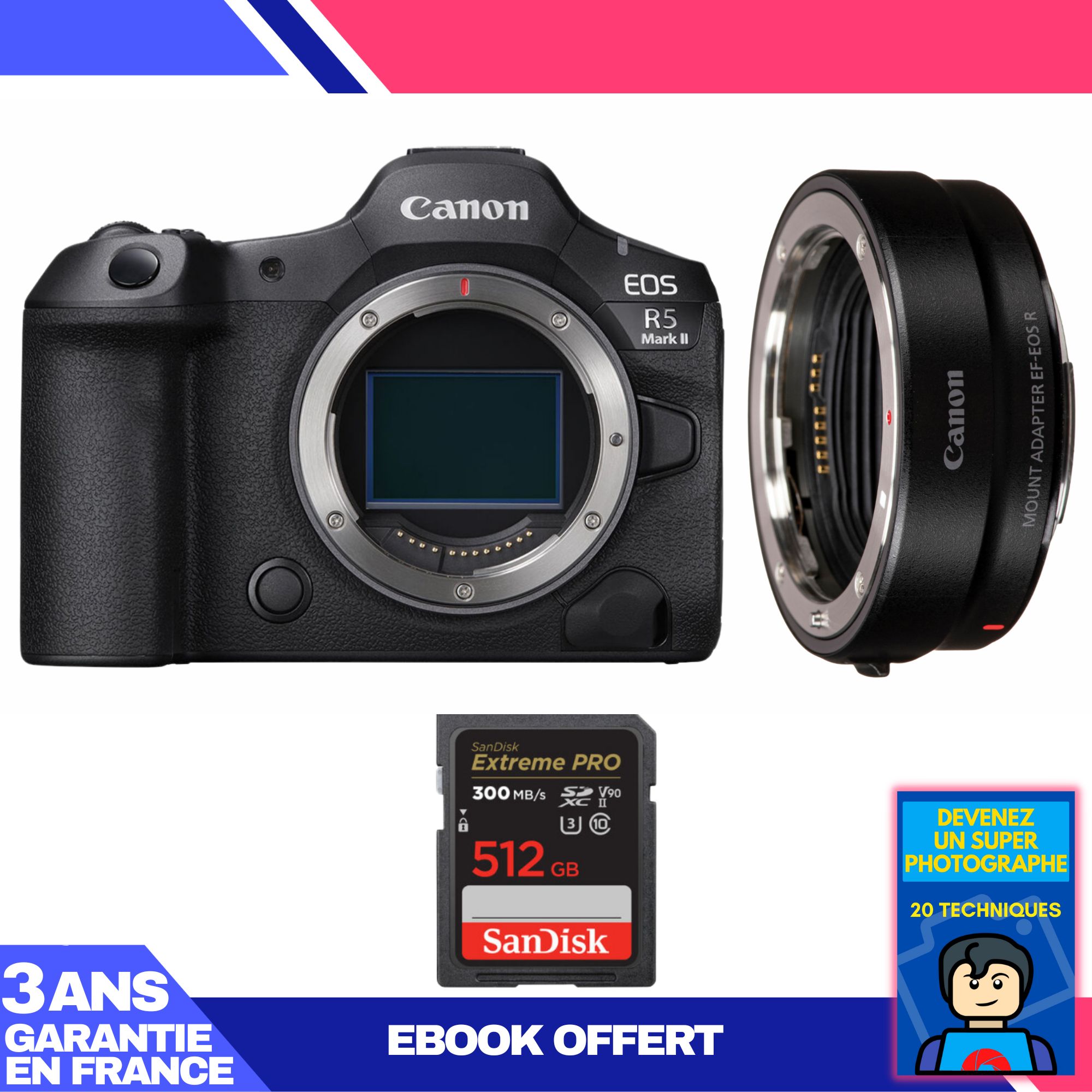 Canon EOS R5 Mark II Camera Body + EF-EOS R Adapter + 1 SanDisk 512GB Extreme PRO UHS-II SDXC Card (300MB/s) + 'Become a Master Photographer' Ebook