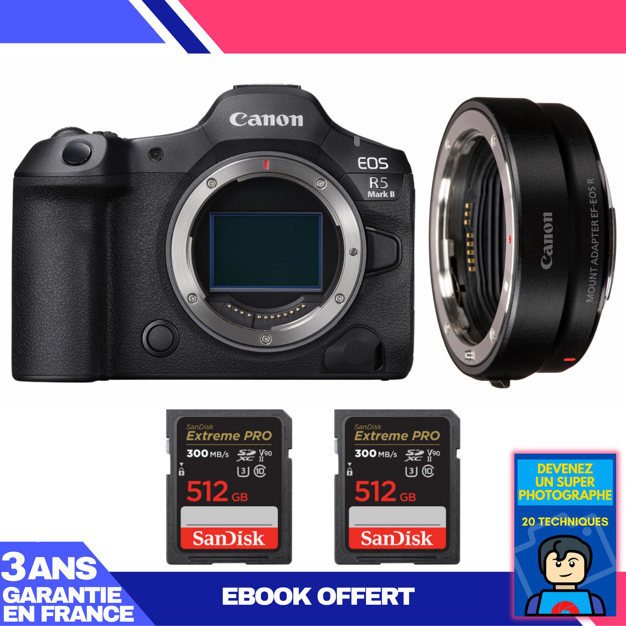 Canon EOS R5 Mark II Body + EF-EOS R Adapter + 2x SanDisk 512GB Extreme PRO UHS-II SDXC Cards (300MB/s) + Ebook: 'Become a Super Photographer'