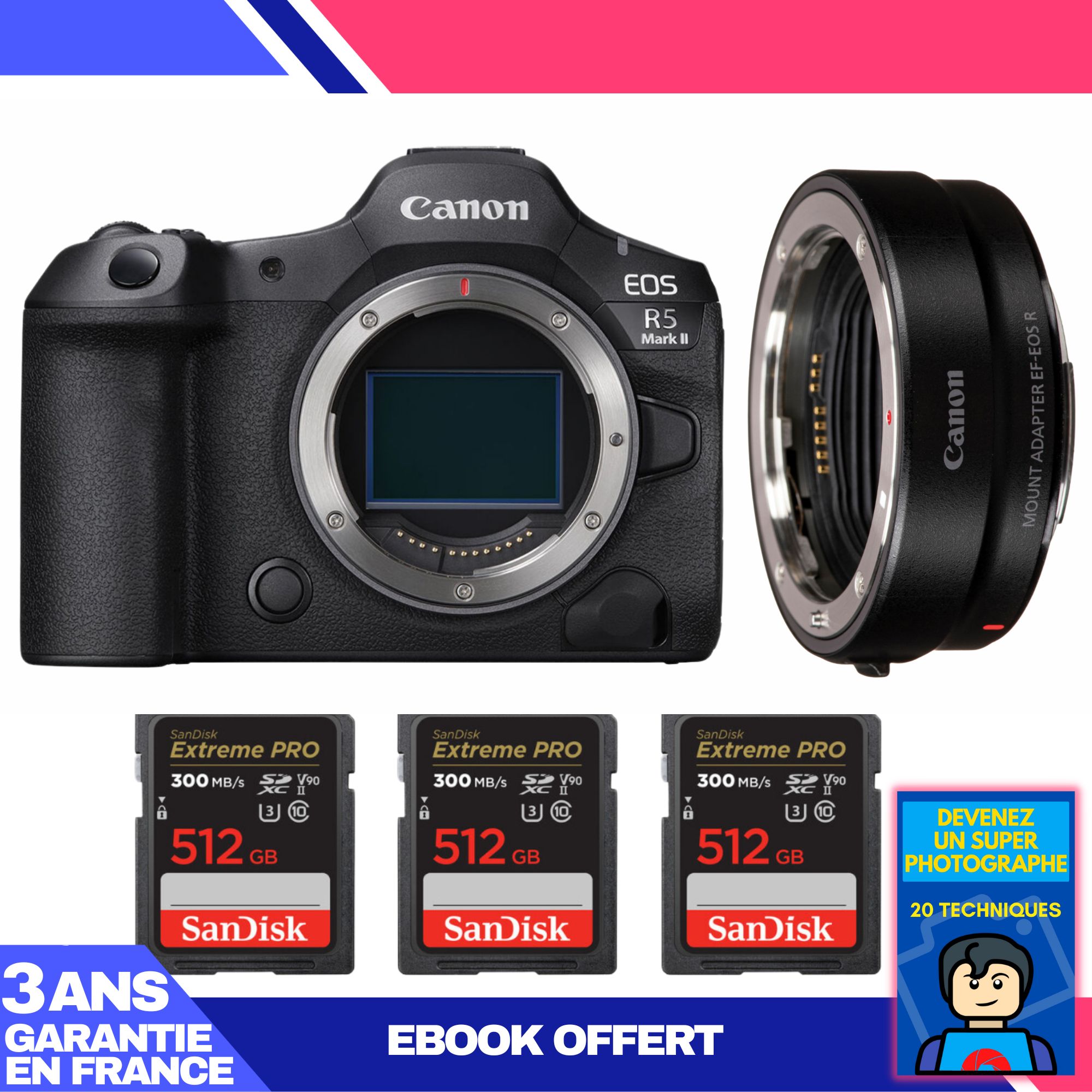Kit Canon EOS R5 Mark II avec adaptateur EF-EOS R et 3 cartes Sandisk 512 Go Extrême PRO UHS-II SD + ebook : Devenez un super photographe