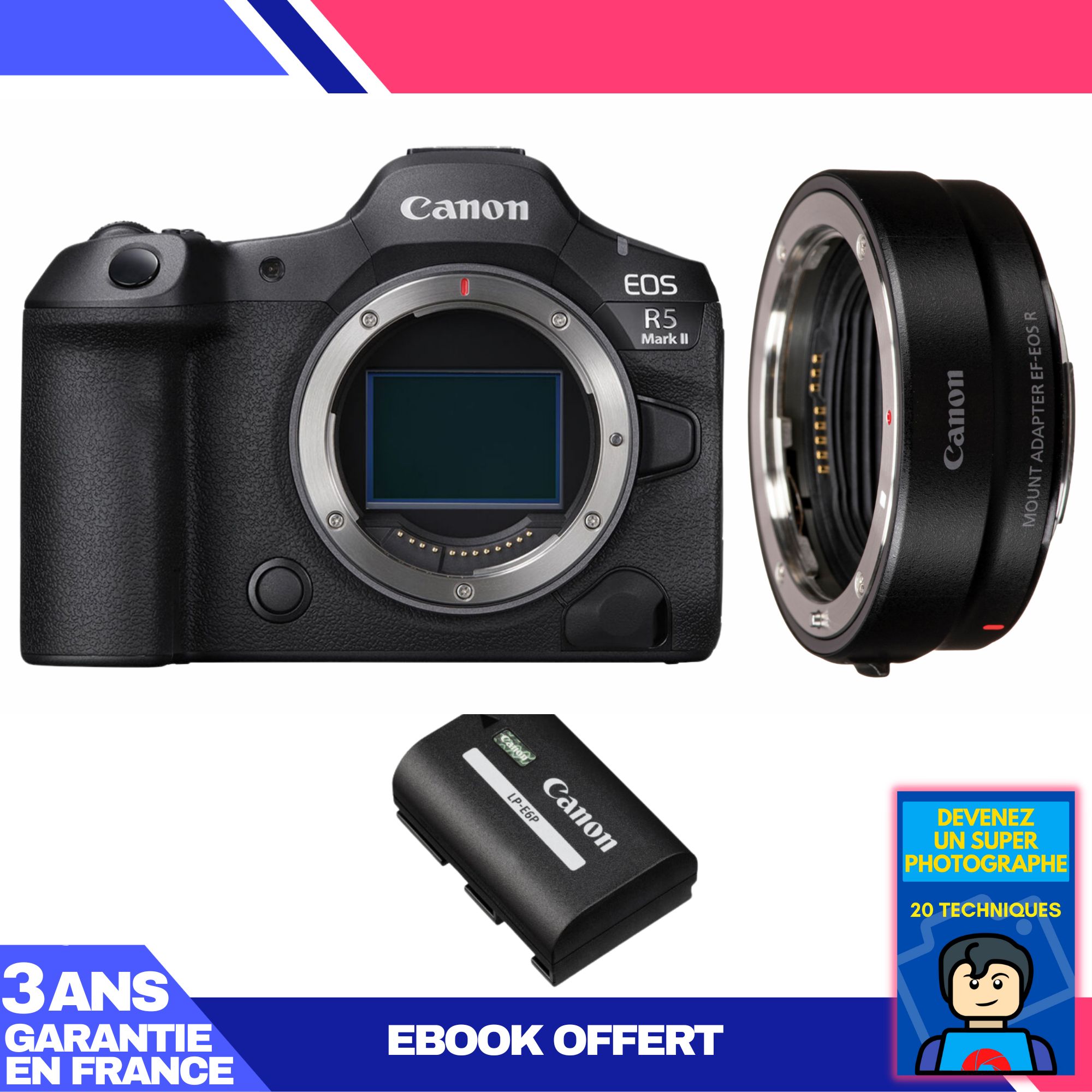 Cámara Canon EOS R5 Mark II + Adaptador EF-EOS R + Batería LP-E6P + Libro electrónico 'Conviértase en un fotógrafo súper'