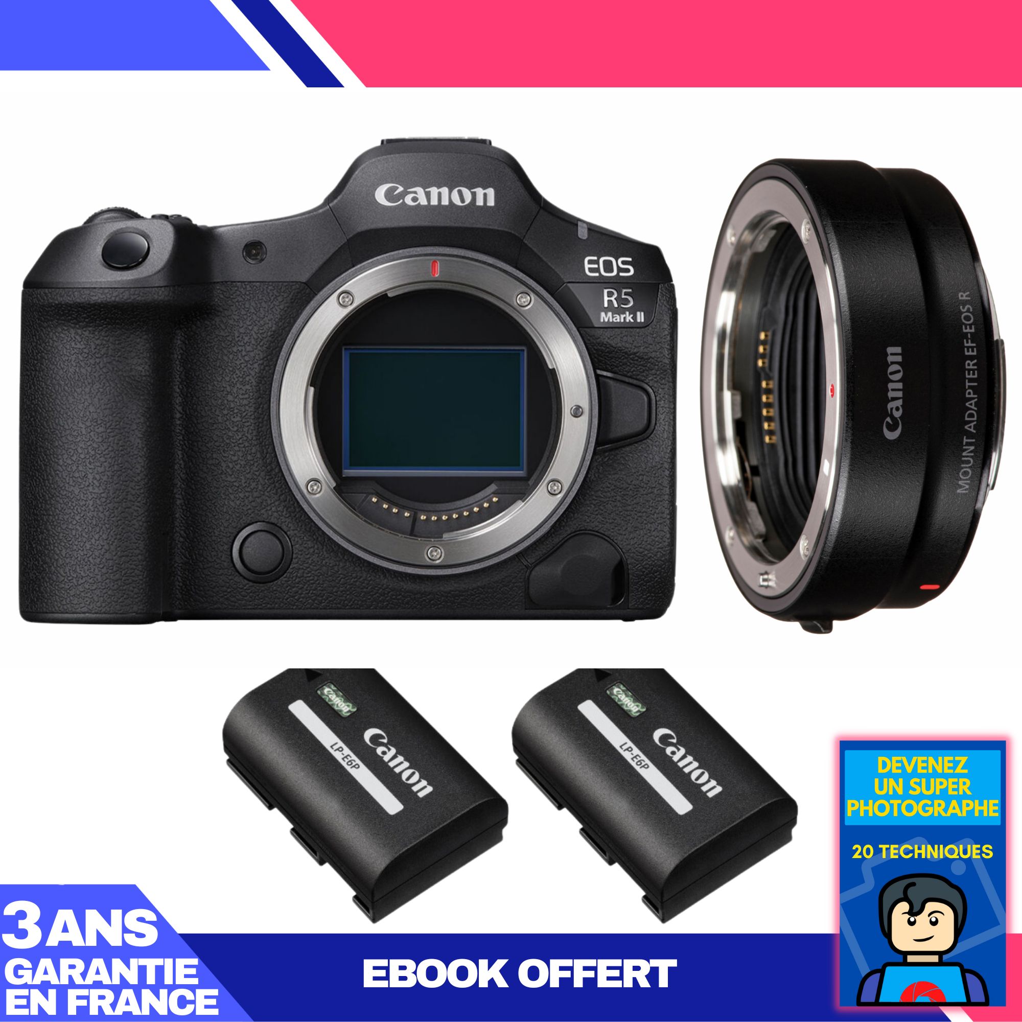 Canon EOS R5 Mark II Camera Body + EF-EOS R Adapter + 2 LP-E6P Batteries + Ebook: Become a Super Photographer