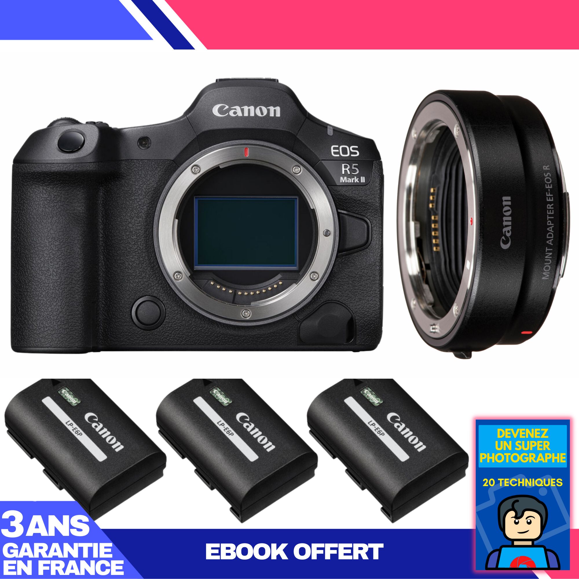 Kit de cámara Canon EOS R5 Mark II con adaptador EF-EOS R y 3 baterías LP-E6P + ebook: Conviértase en un fotógrafo excepcional