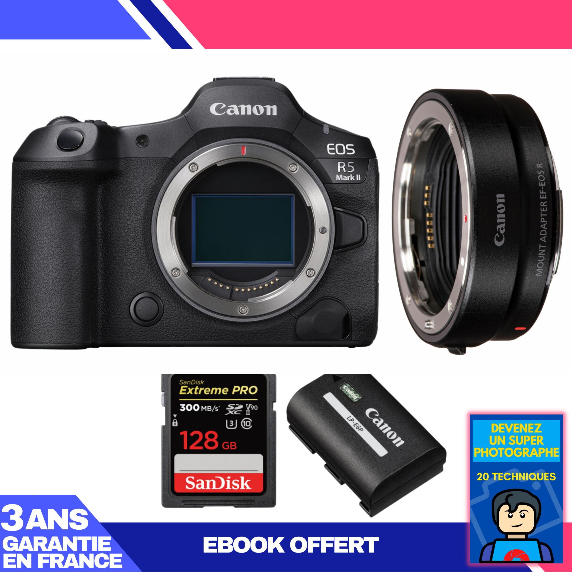 Canon EOS R5 Mark II Body + EF-EOS R Adapter + 1 SanDisk 128GB Extreme PRO UHS-II SDXC Card + 1 Canon LP-E6P Battery + 'Become a Super Photographer Ebook