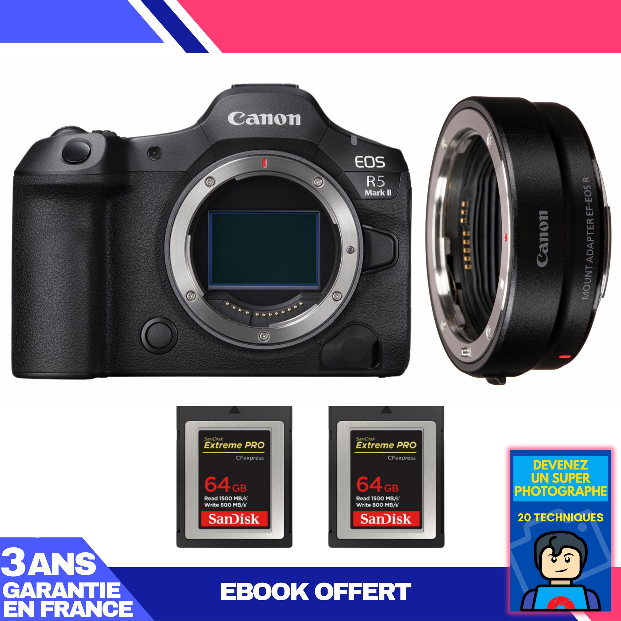 Canon EOS R5 Mark II Camera Body + EF-EOS R Adapter + 2 SanDisk 64GB Extreme PRO CFexpress Type B Cards + 'Become a Super Photographer' Ebook