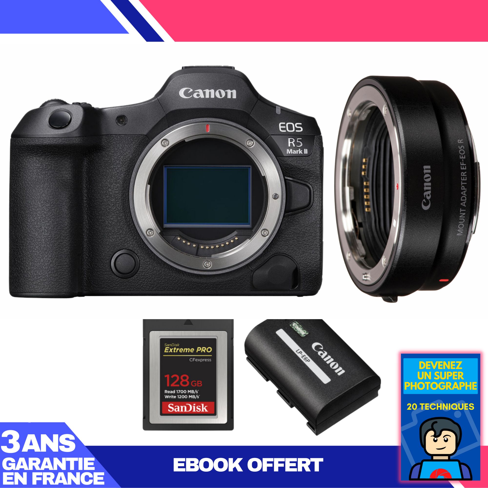 Canon EOS R5 Mark II Camera Body + EF-EOS R Adapter + 2 SanDisk 128GB Extreme PRO CFexpress Type B Cards + Canon LP-E6P Battery + 'Become a Super Photographer' Ebook