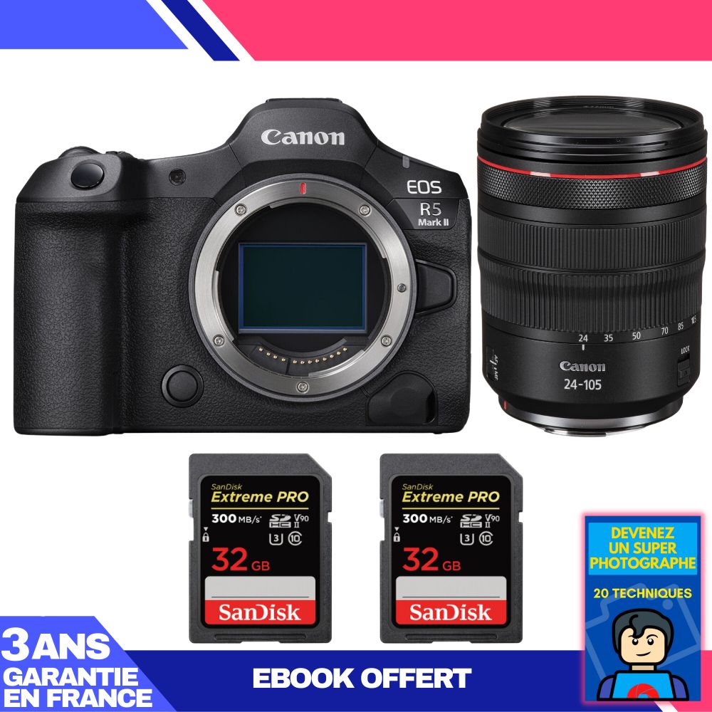 Canon EOS R5 Mark II Camera Kit with RF 24-105mm f/4 L IS USM Lens + 2 SanDisk 32GB Extreme PRO UHS-II SDXC Cards
