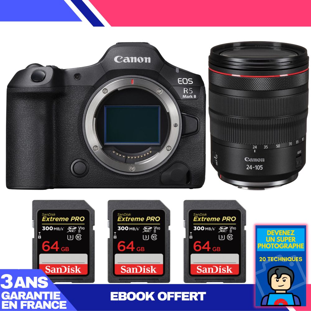 Appareil photo Canon EOS R5 Mark II avec objectif RF 24-105 mm f/4 L IS USM et 3 cartes SDXC SanDisk 64 Go Extreme PRO UHS-II