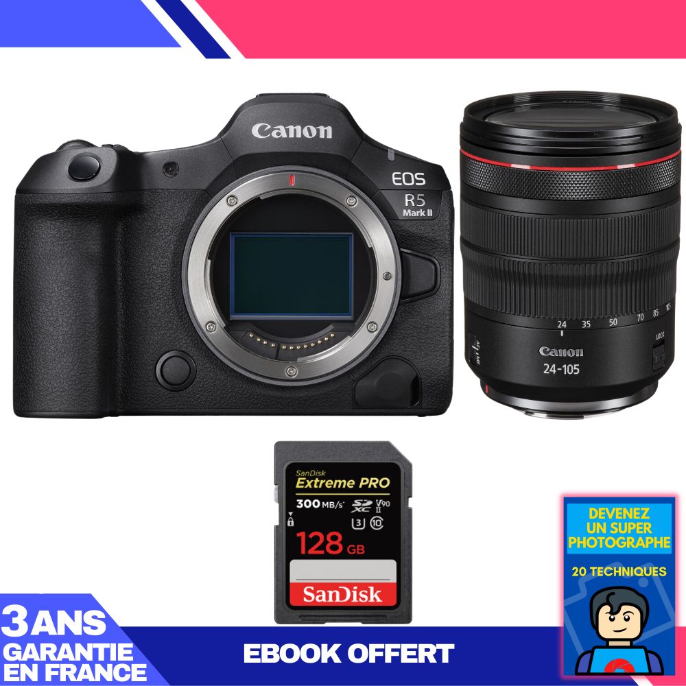 Canon EOS R5 Mark II + RF 24-105mm f/4 L IS USM + 128GB SanDisk Extreme PRO SDXC Card + 'Become a Super Photographer' Ebook