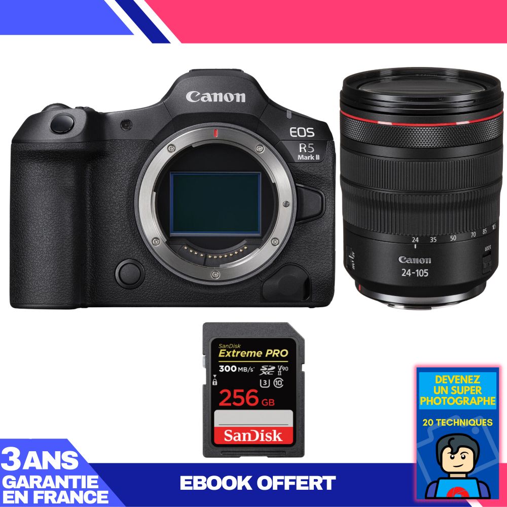 Appareil photo Canon EOS R5 Mark II avec objectif RF 24-105mm f/4 L IS USM et carte SD SanDisk 256 Go Extreme PRO