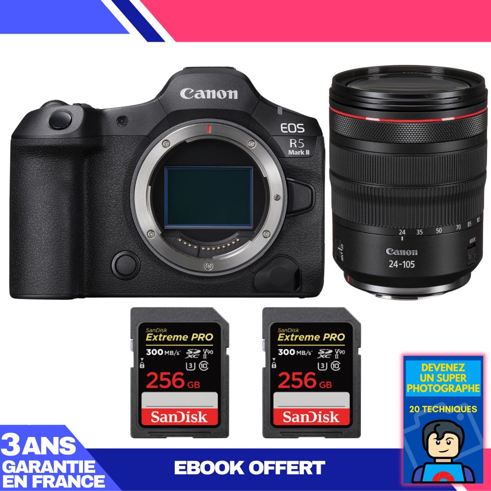 Canon EOS R5 Mark II Camera Kit with RF 24-105mm f/4 L IS USM Lens + 2x 256GB SanDisk Extreme PRO SDXC Cards