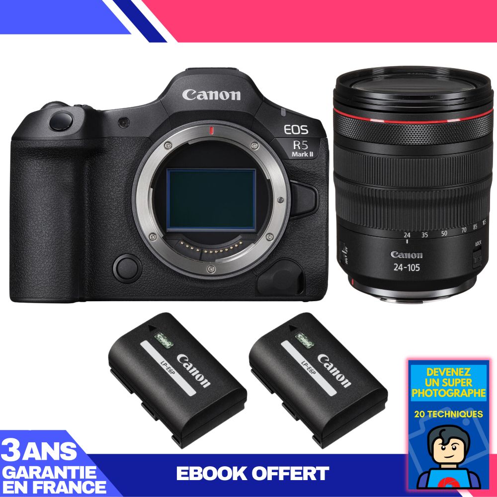 Canon EOS R5 Mark II + RF 24-105mm f/4 L IS USM + 2 LP-E6P Batteries + Ebook: Become a Super Photographer