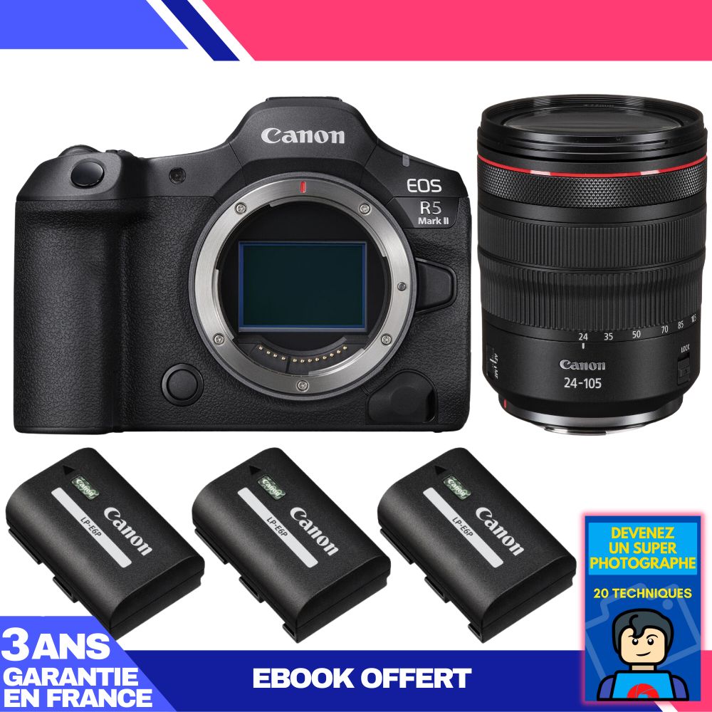 Kit de cámara Canon EOS R5 Mark II con objetivo RF 24-105 mm f/4 L IS USM y 3 baterías LP-E6P + ebook: Conviértete en un fotógrafo súper