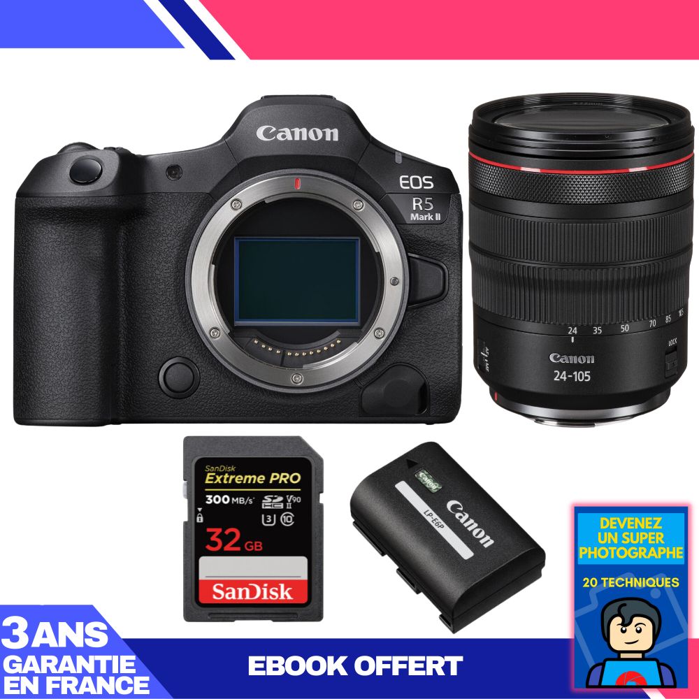 Canon EOS R5 Mark II Camera + RF 24-105mm f/4 L IS USM Lens + 2 SanDisk 32GB Extreme PRO UHS-II SDXC Cards + Canon LP-E6P Battery + Ebook 'Become a Super Photographer'