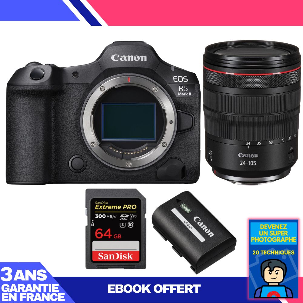 Canon EOS R5 Mark II Camera Kit with RF 24-105mm f/4 L IS USM Lens and Sandisk 64GB Memory Card + Canon LP-E6P