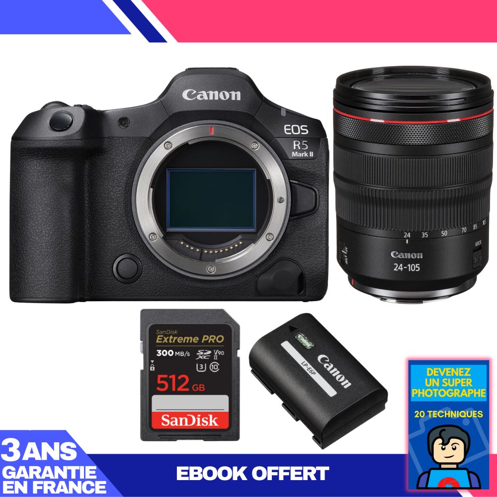 Canon EOS R5 Mark II Camera + RF 24-105mm f/4 L IS USM Lens + 1 SanDisk 512GB Extreme PRO UHS-II SDXC Card + 1 Canon LP-E6P Battery + Ebook 'Become a Super Photographer'
