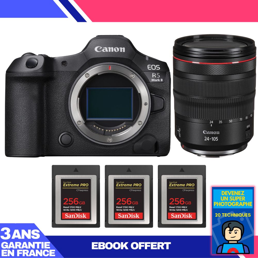 Appareil photo Canon EOS R5 Mark II avec objectif RF 24-105mm f/4 L IS USM et 3 cartes mémoire SanDisk 256 Go Extreme PRO CFexpress Type B