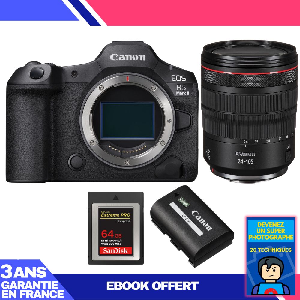 Canon EOS R5 Mark II Camera Kit with RF 24-105mm f/4 L IS USM Lens + SanDisk 64GB Extreme PRO CFexpress Type B + Canon LP-E6P + Ebook