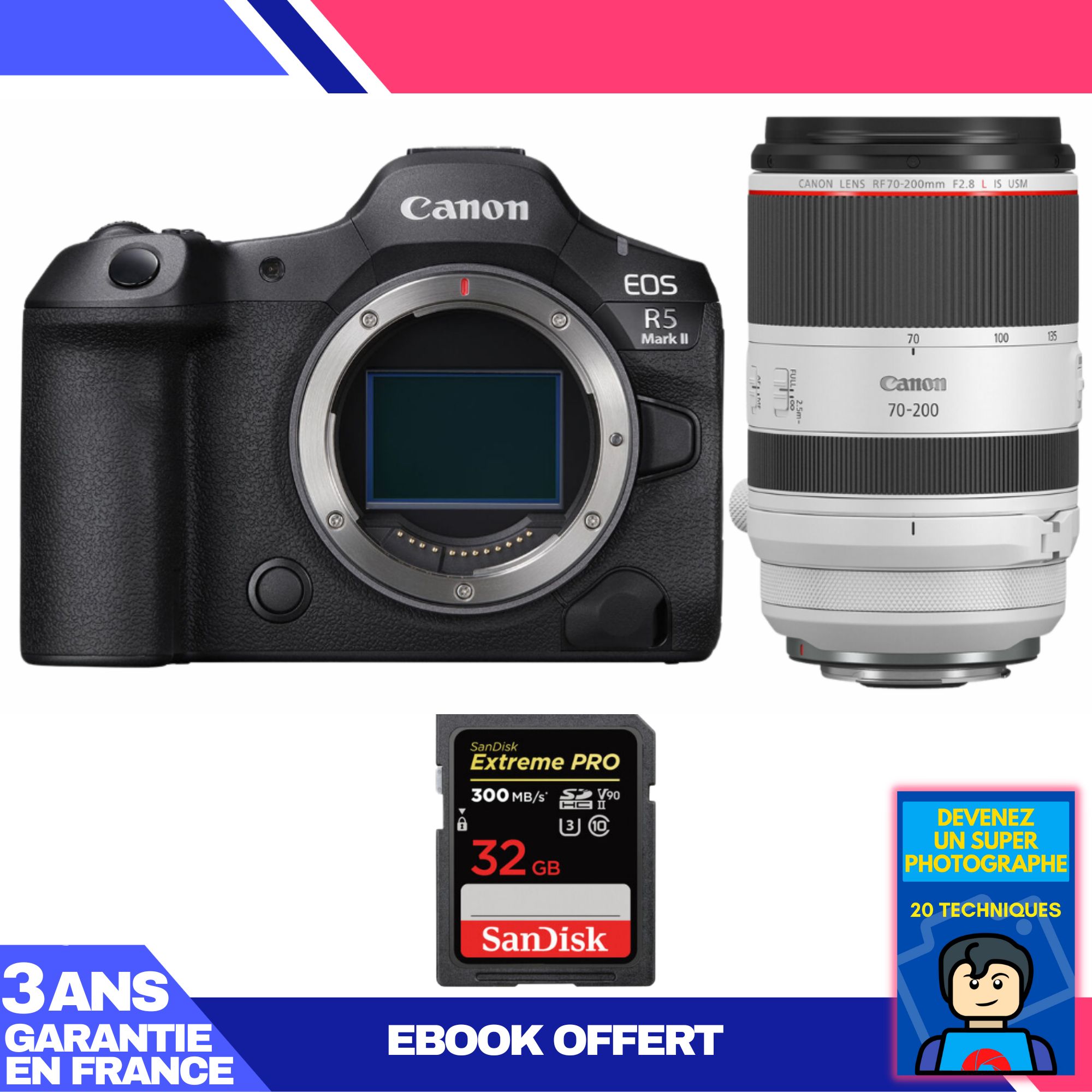 Canon EOS R5 Mark II Camera Kit with RF 70-200mm f/2.8 L IS USM Lens and 32GB SanDisk Extreme PRO SD Card + Ebook
