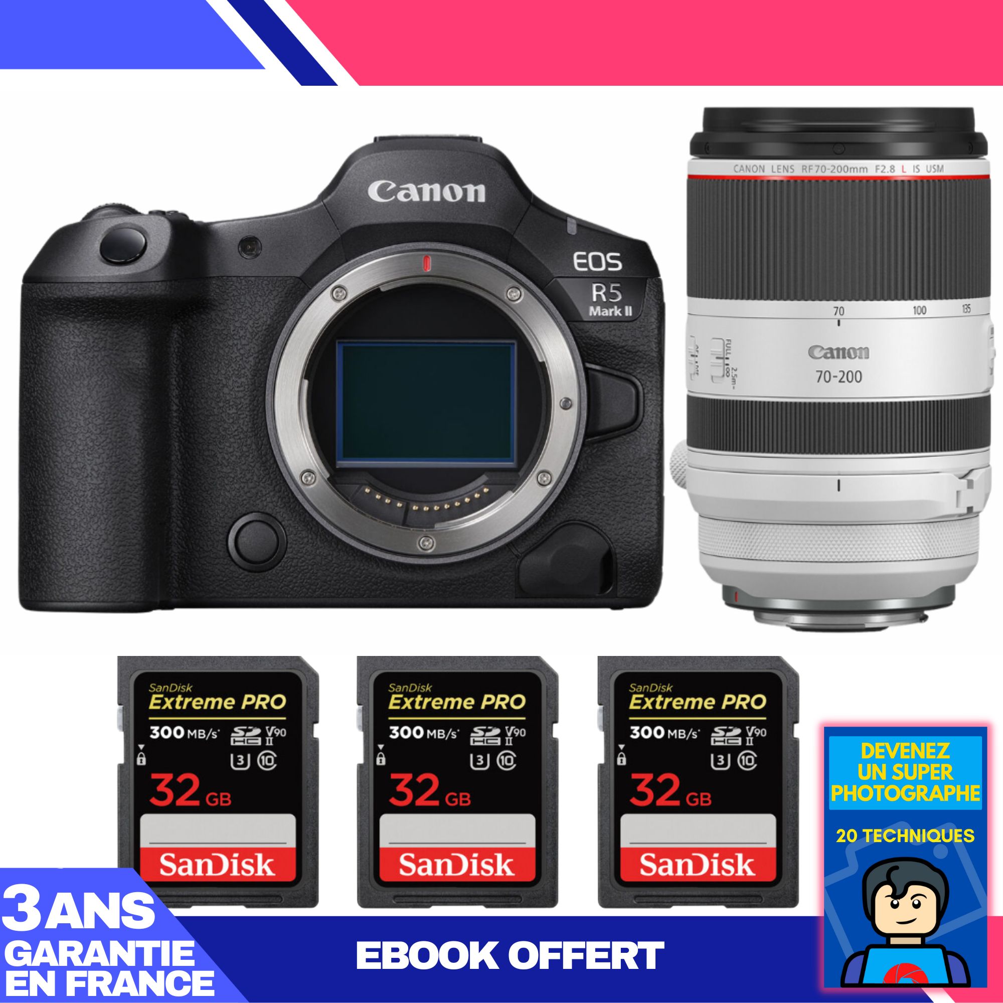 Canon EOS R5 Mark II Camera + RF 70-200mm f/2.8 L IS USM Lens + 3 SanDisk 32GB Extreme PRO UHS-II SDXC Memory Cards + 'Become a Super Photographer Ebook
