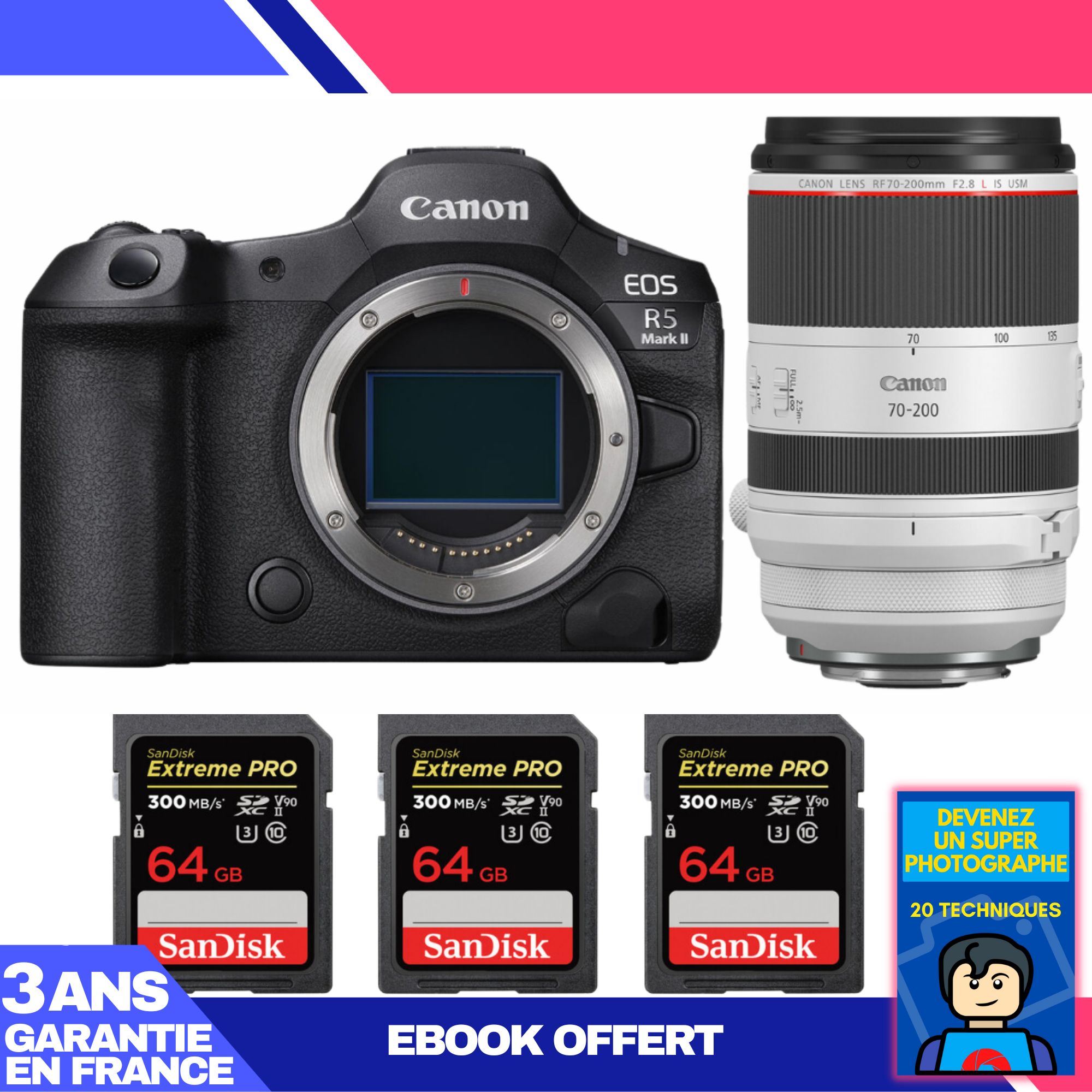 Canon EOS R5 Mark II Camera + RF 70-200mm f/2.8 L IS USM Lens + 3 SanDisk 64GB Extreme PRO UHS-II SDXC Cards + 'Become a Super Photographer Ebook