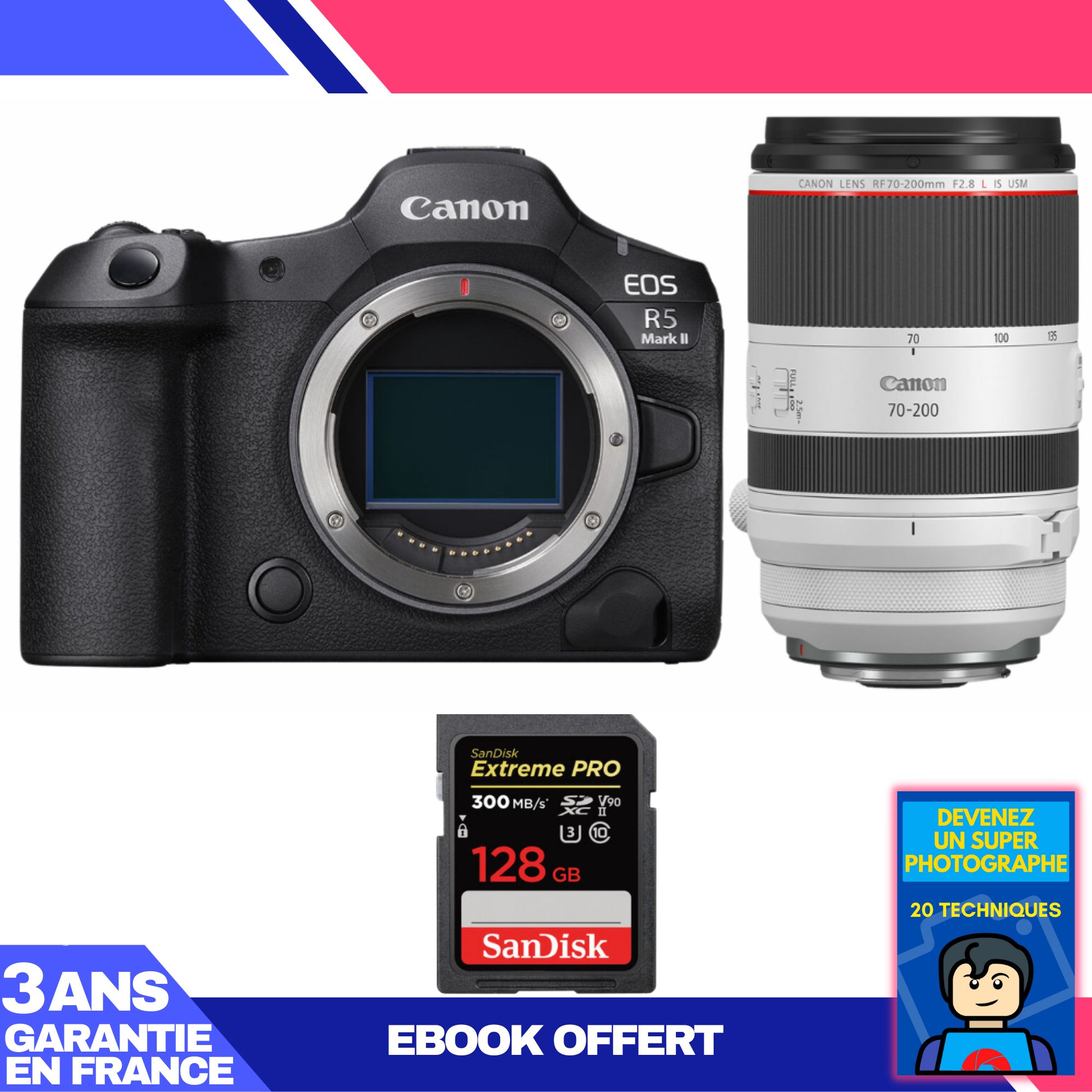 Canon EOS R5 Mark II Camera Kit with RF 70-200mm f/2.8 L IS USM Lens and 128GB SanDisk Extreme PRO SD Card + Ebook: Become a Super Photographer