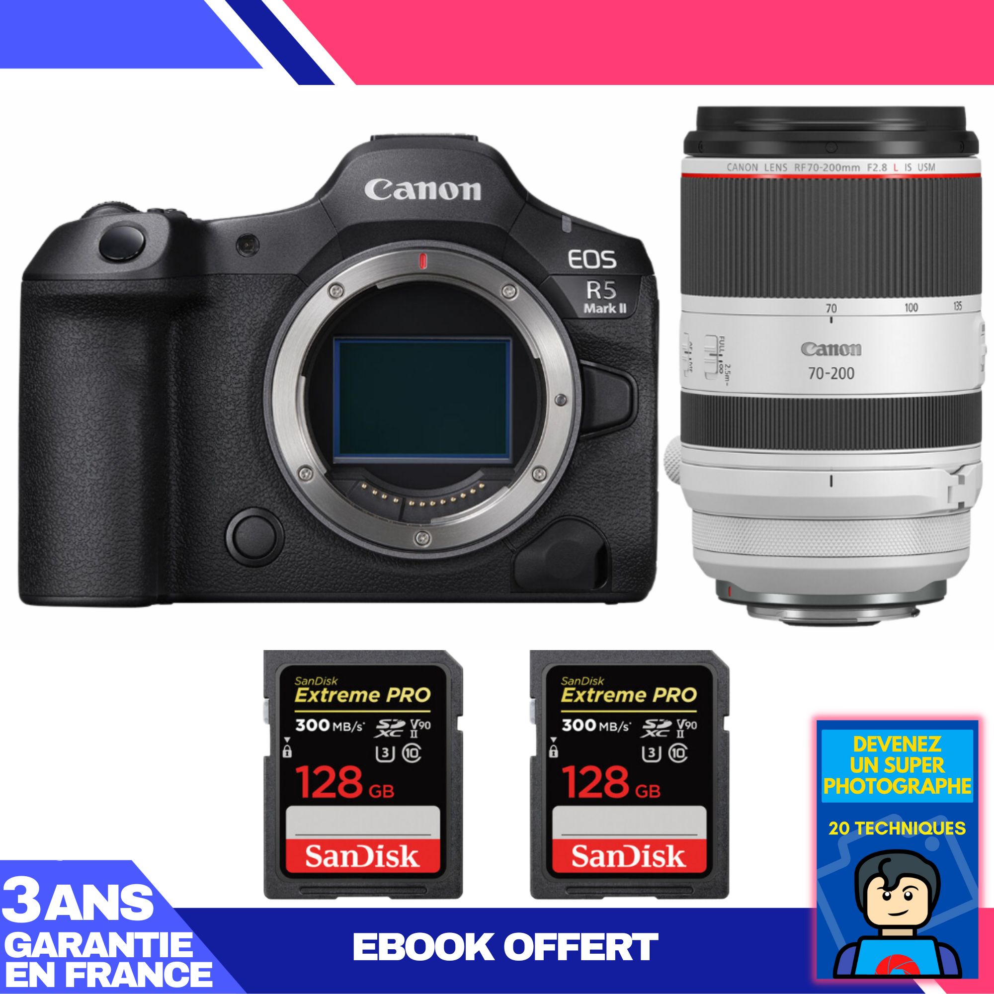 Canon EOS R5 Mark II Camera + RF 70-200mm f/2.8 L IS USM Lens + 2 SanDisk 128GB Extreme PRO UHS-II SDXC Cards + 'Become a Super Photographer Ebook