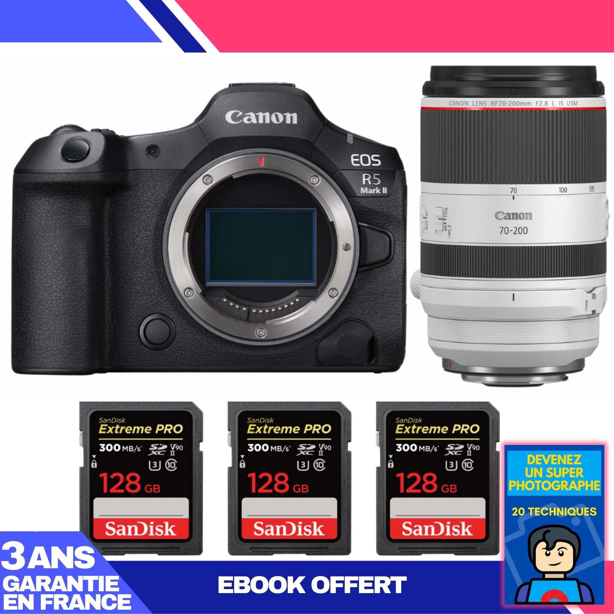 Canon EOS R5 Mark II Camera + RF 70-200mm f/2.8 L IS USM Lens + 3 SanDisk 128GB Extreme PRO UHS-II SDXC Cards + 'Become a Super Photographer Ebook