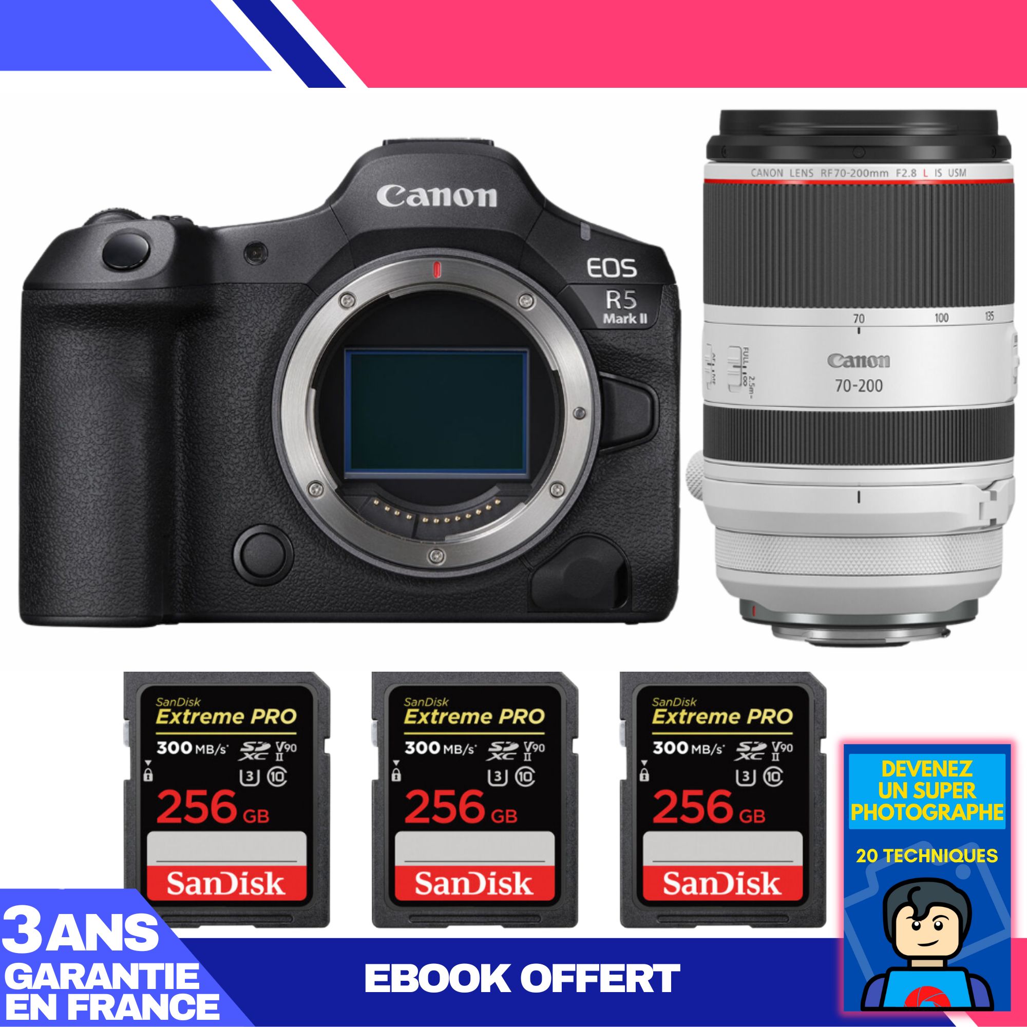 Canon EOS R5 Mark II Camera Kit with RF 70-200mm f/2.8 L IS USM Lens and 3x 256GB SanDisk Extreme PRO SDXC Cards + Ebook