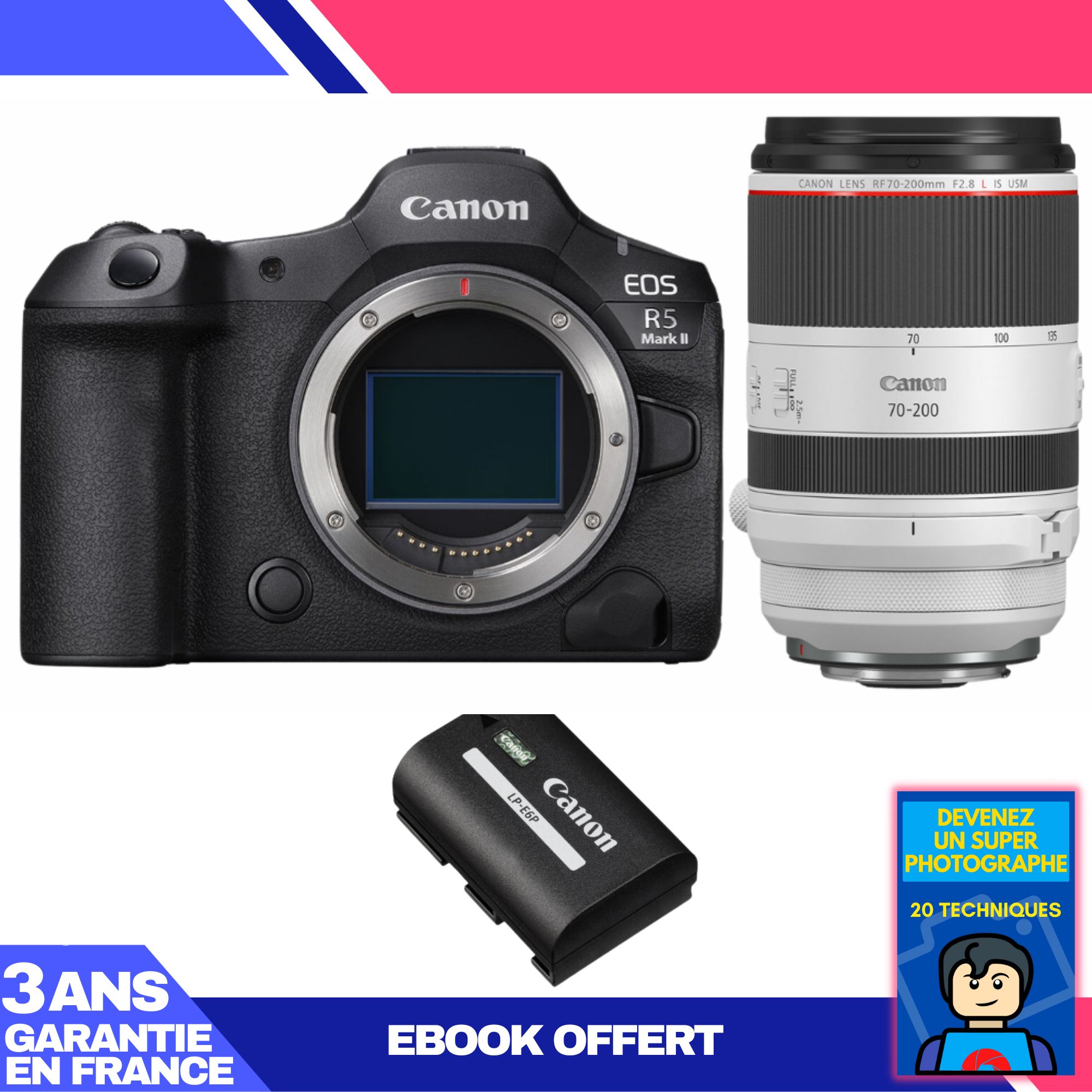 Canon EOS R5 Mark II Camera + RF 70-200mm f/2.8 L IS USM Lens + LP-E6P Battery + Ebook: Become a Super Photographer