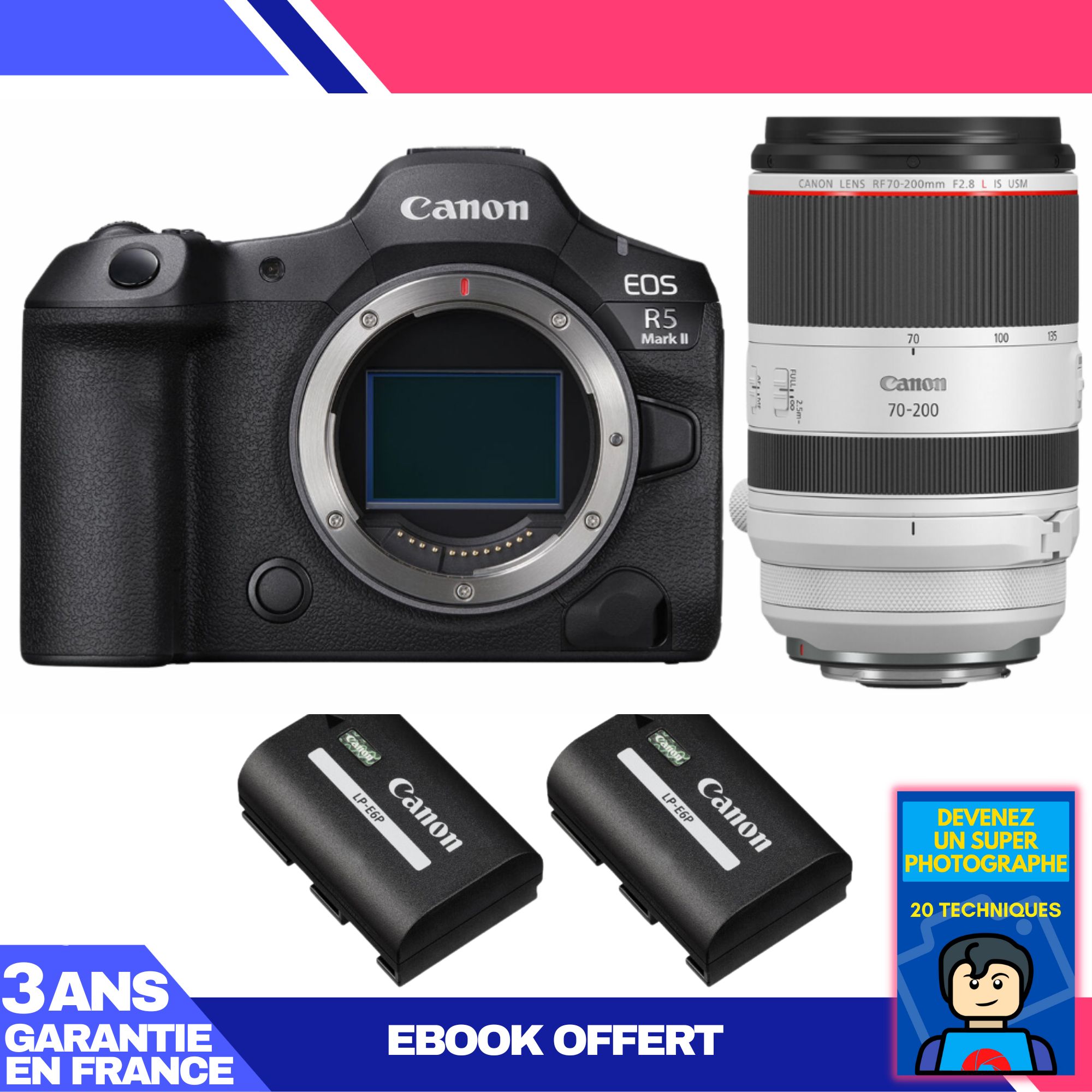 Canon EOS R5 Mark II Camera Kit with RF 70-200mm f/2.8 L IS USM Lens + 2 LP-E6P Batteries + 'Become a Super Photographer' Ebook