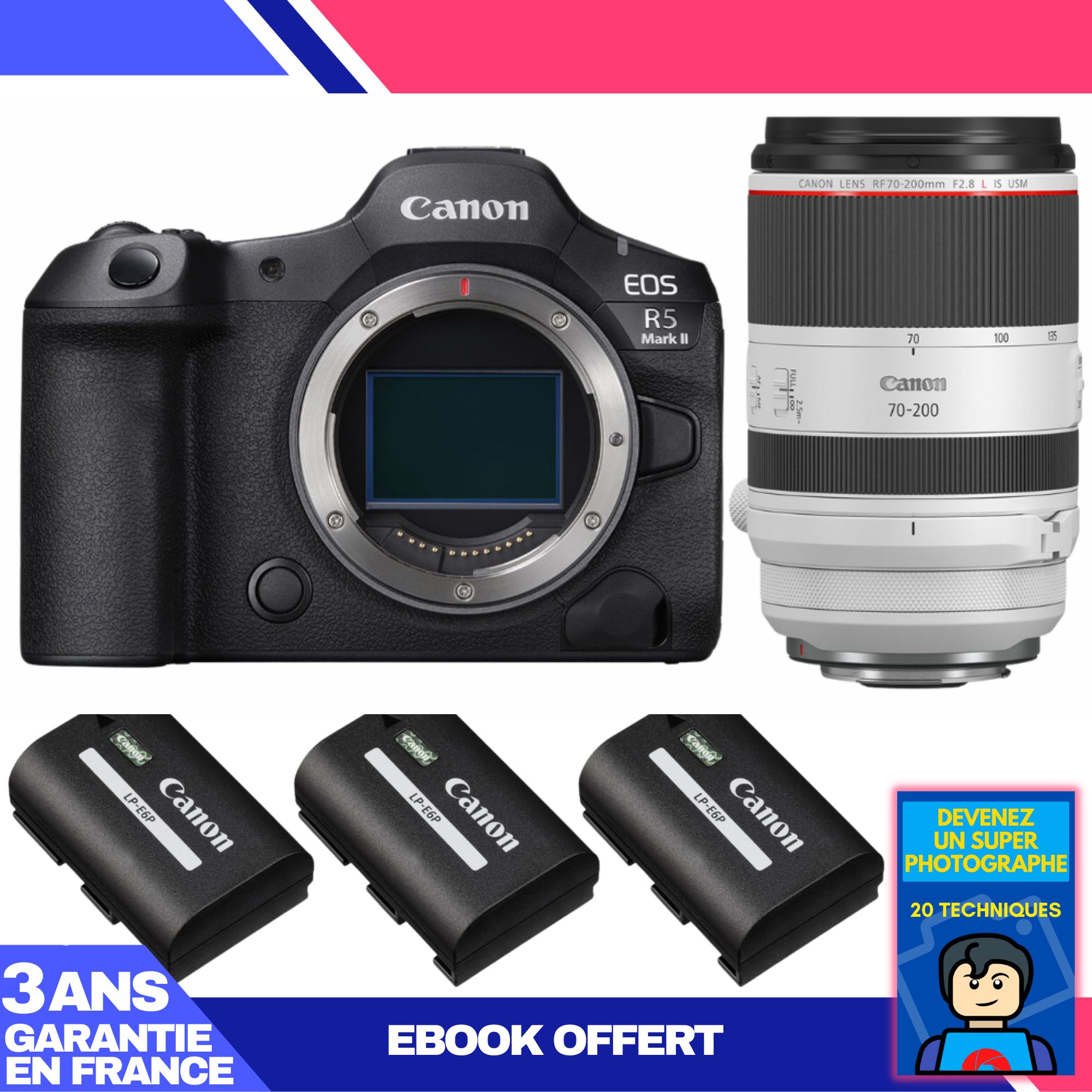 Canon EOS R5 Mark II Camera Kit with RF 70-200mm f/2.8 L IS USM Lens + 3 LP-E6P Batteries + 'Become a Super Photographer' Ebook
